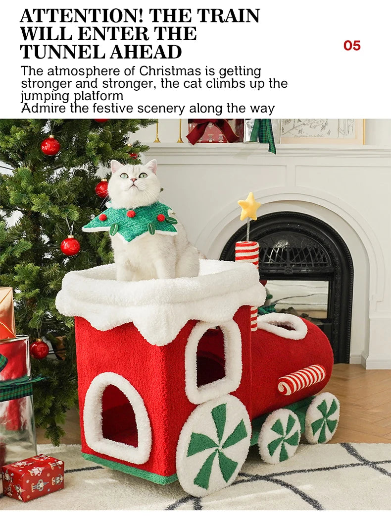 Christmas-themed cat climbing frame with cozy sleeping nest and sisal scratching posts.