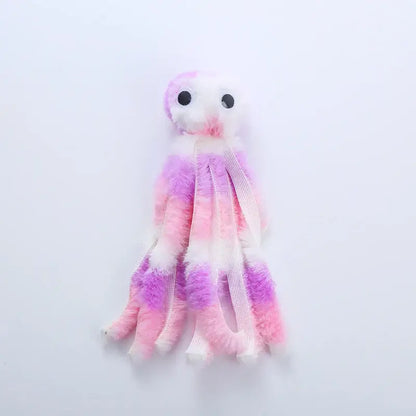 Cute octopus plush toy for cats, soft and durable with dangling tentacles, designed for biting, pouncing, and cuddling.