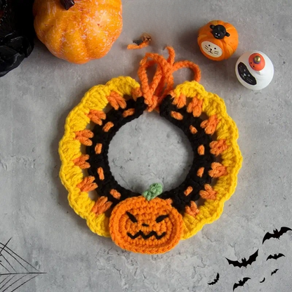 Hand-knit Halloween Pet Collar Bib for cats and dogs, perfect for adding a spooky touch to Halloween costumes.