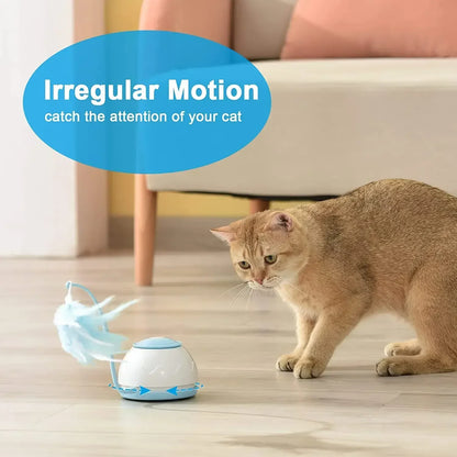 USB rechargeable electric cat toy with 360° rotation, feather attachments, and four interactive speed modes.