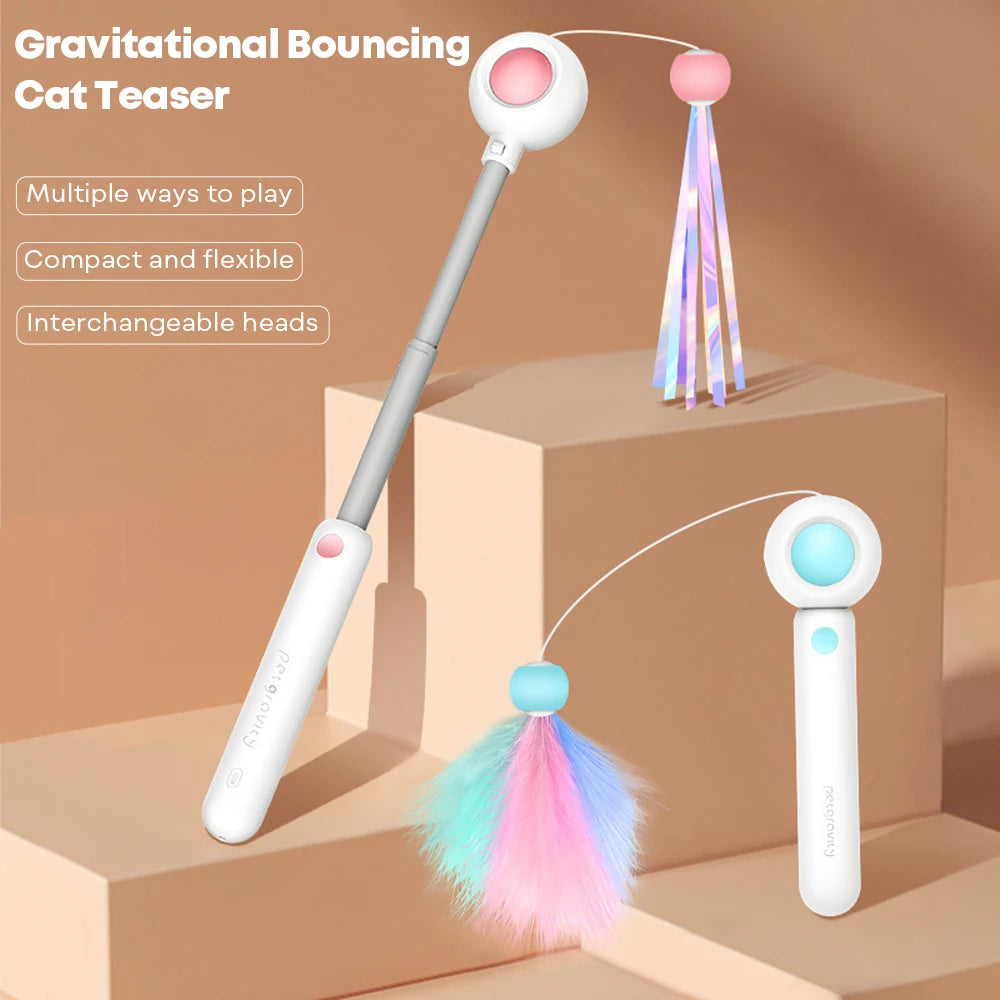 Interactive gravitational cat teaser with laser wand for engaging and safe play, designed for stimulating activity in cats.