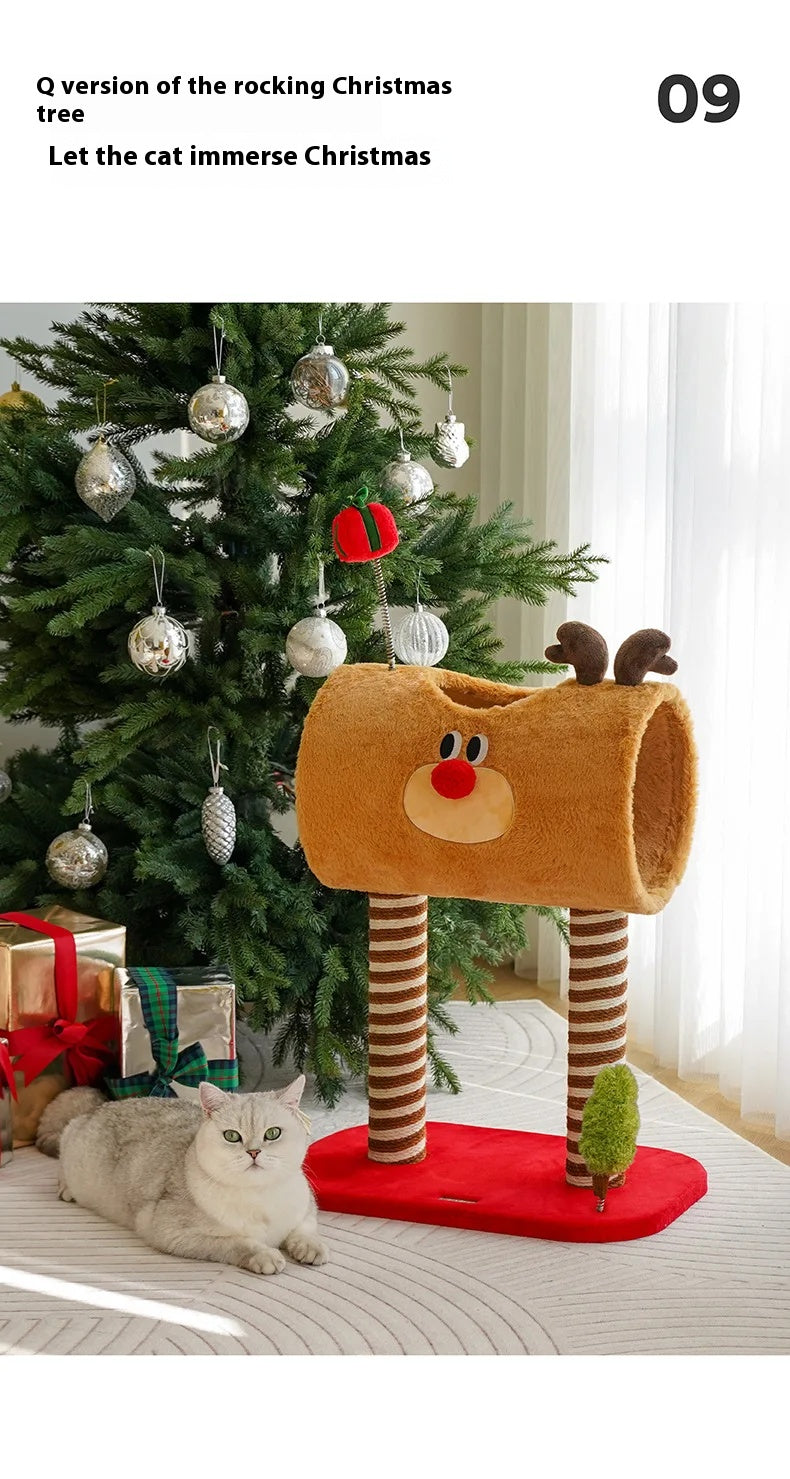 Christmas-themed cat climbing frame with cozy sleeping nest and sisal scratching posts.