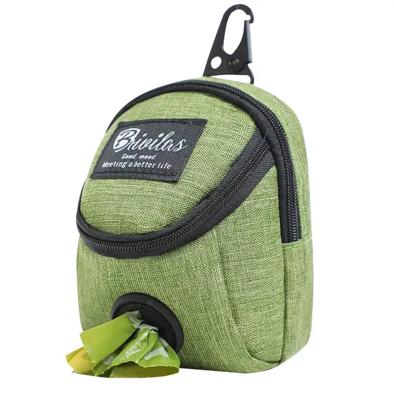 Portable pet dog treat pouch and poop dispenser for training and outdoor travel.