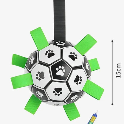 Durable dog soccer toy with high-stretch material for active play and chewing