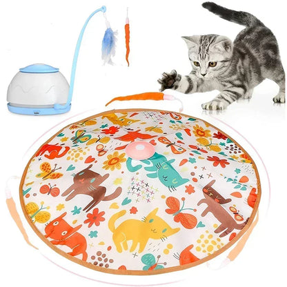 USB rechargeable electric cat toy with 360° rotation, feather attachments, and four interactive speed modes.