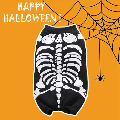 Small dog wearing a Halloween skeleton costume jumpsuit.