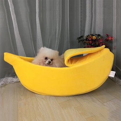 Large banana-shaped plush cat bed for small dogs and cats