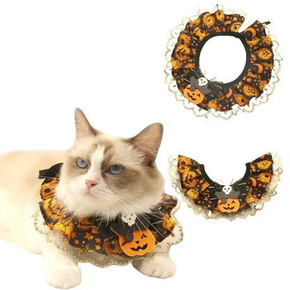 Soft cotton Halloween pet scarf with pumpkin pattern and adjustable collar for cats and dogs.