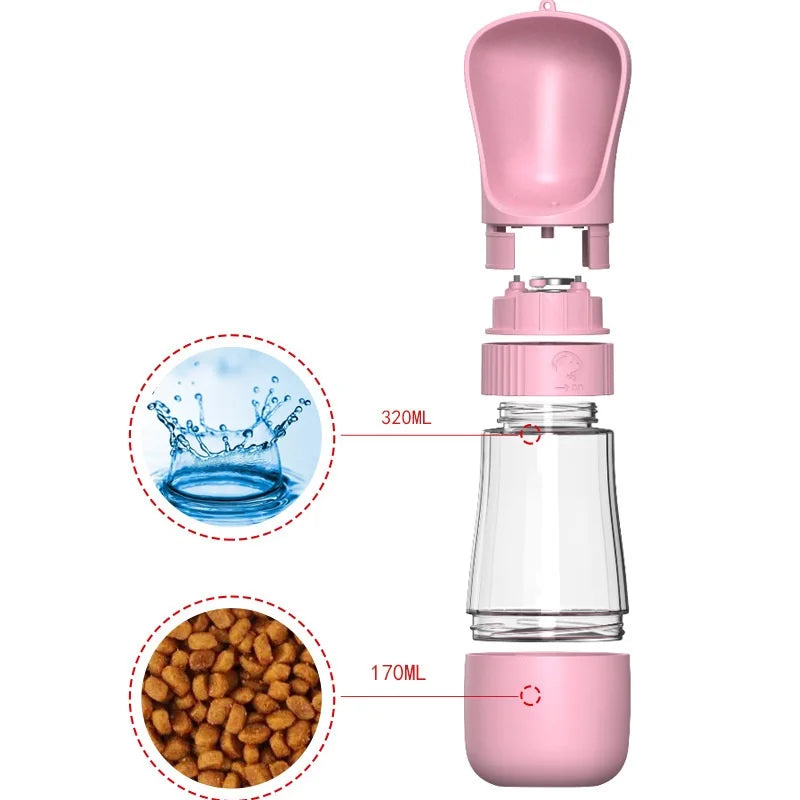 Portable 2 in 1 dog water bottle with food dispenser, perfect for outdoor walks and adventures, ensuring hydration and nutrition for your pet.