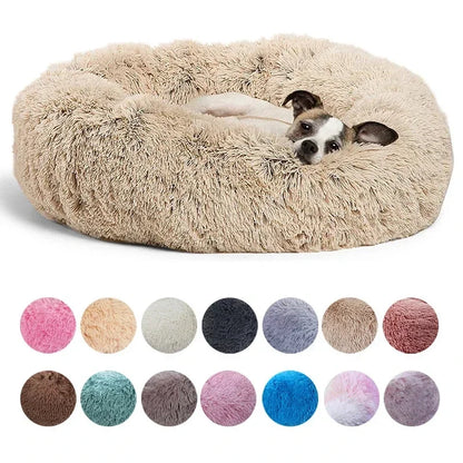 Ultra-soft round plush pet bed for cats and dogs, winter-ready with long plush fabric and non-slip base, available in sizes from 40cm to 90cm.
