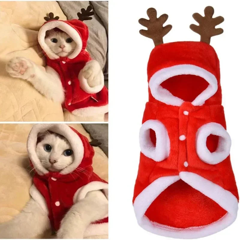 Christmas-themed flannel hoodie for cats and dogs, featuring festive Santa and elk designs for winter warmth and style.