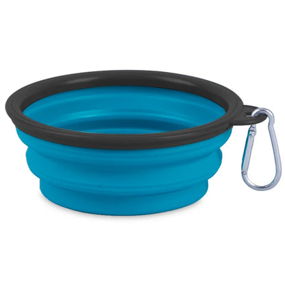Collapsible silicone dog bowl for travel, camping, and hiking, lightweight and portable for outdoor pet feeding.