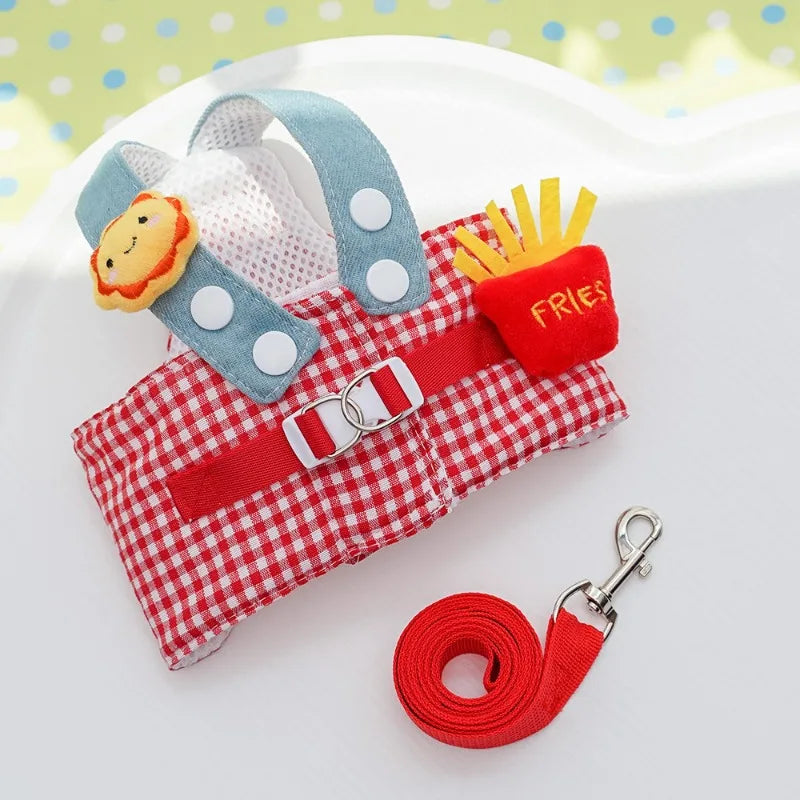 Fries-themed puppy harness set with matching hat and leash, ideal for small dogs on walks and outings.