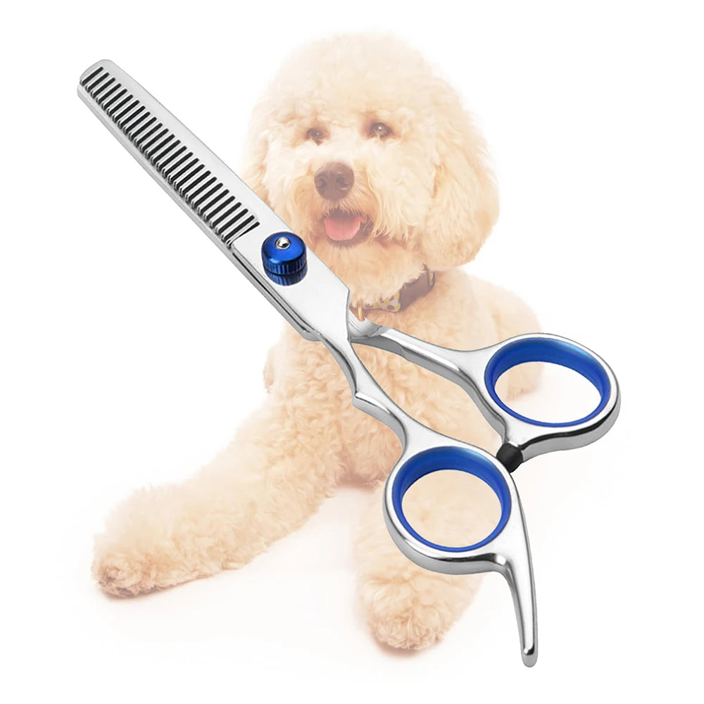 Professional pet grooming scissors set with stainless steel clippers and safety scissors for cats and dogs.