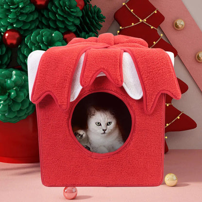 Christmas-themed cat bed shaped like a cozy holiday house for cats and small dogs