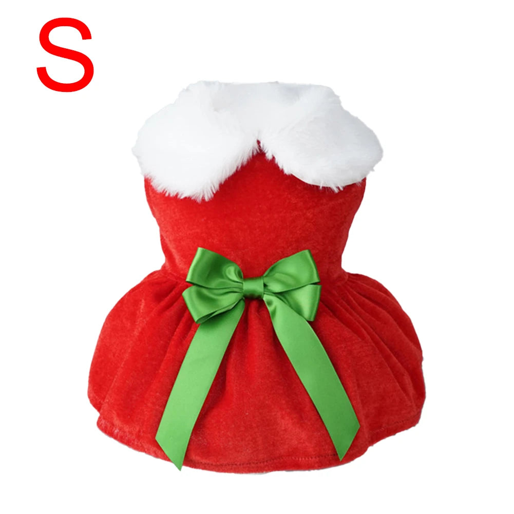 Festive Christmas dress for small dogs and cats, featuring a red skirt and glittering belt for holiday celebrations.