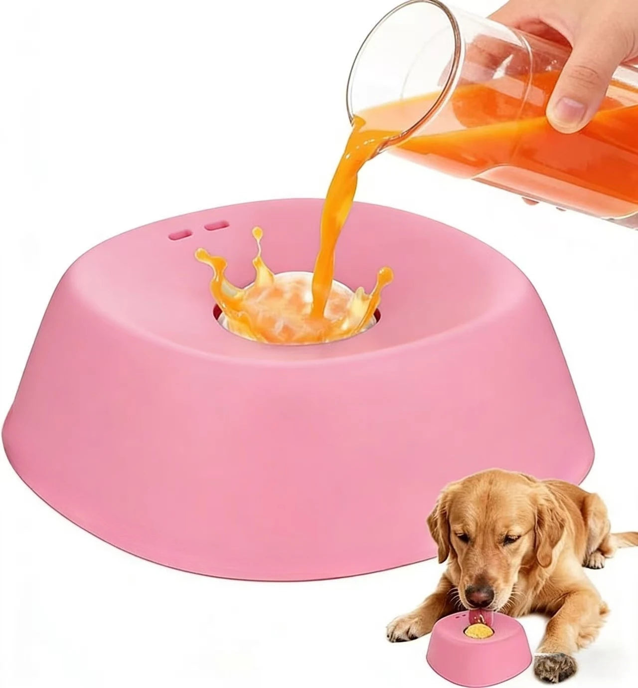 Anti-Choking Slow Feeder for Dogs liquid treats being poured into a pink bowl with a dog licking from it.