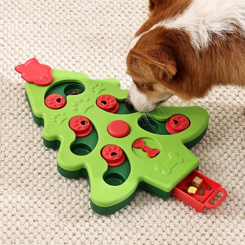 Christmas tree-shaped slow feeder bowl for cats and dogs, interactive puzzle design with a non-slip base.