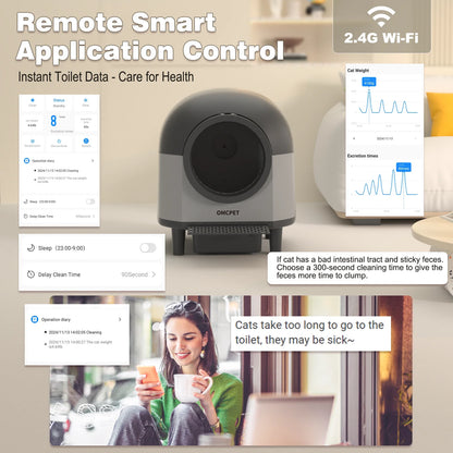 App-controlled automatic cat litter box with enclosed, low-noise design