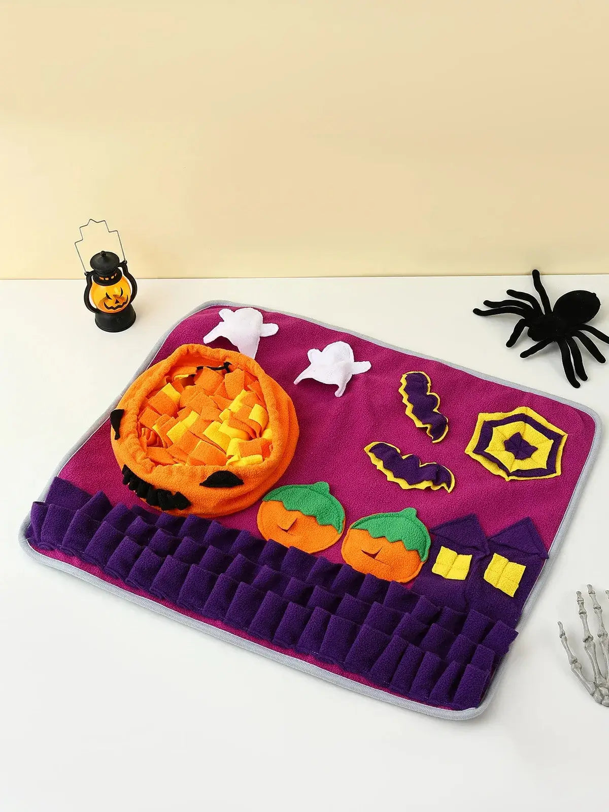 Pet Snuffle Mat for Cats and Dogs - Halloween Pumpkin Feeding Mat for Slow Feeding and Interactive Play.