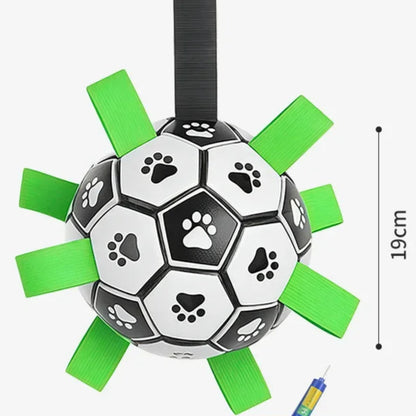 Durable dog soccer toy with high-stretch material for active play and chewing