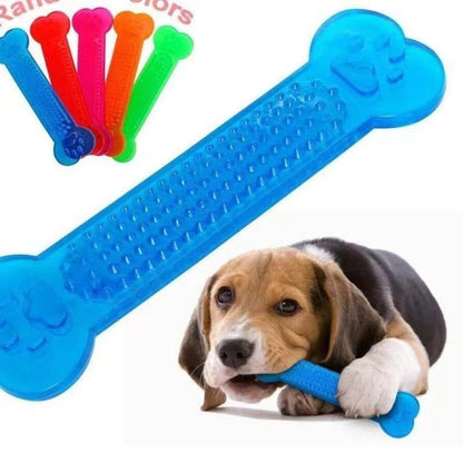 Durable rubber bone dog chew toy with toothbrush-style ridges for dental cleaning and plaque removal, ideal for aggressive chewers of all sizes.