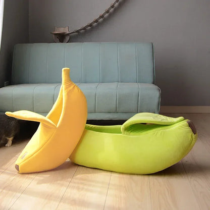 Large banana-shaped plush cat bed for small dogs and cats