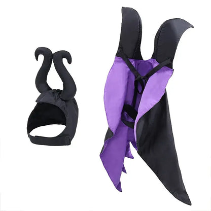 Maleficent-inspired Halloween cape and hat set for dogs and cats, perfect for spooky celebrations.