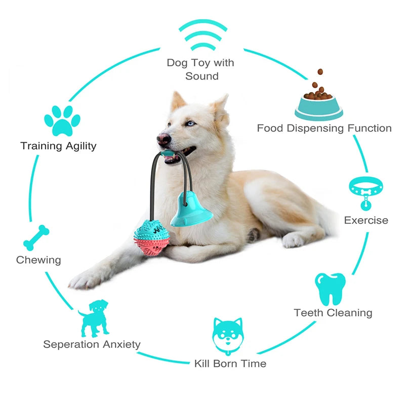 Interactive dog chew toy with suction cup and food dispensing features, designed for medium and large dogs.