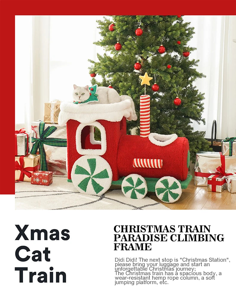 Christmas-themed cat climbing frame with cozy sleeping nest and sisal scratching posts.