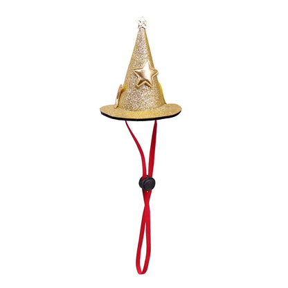 Halloween witch and wizard hat costume for cats and small dogs with adjustable strap for a magical look.