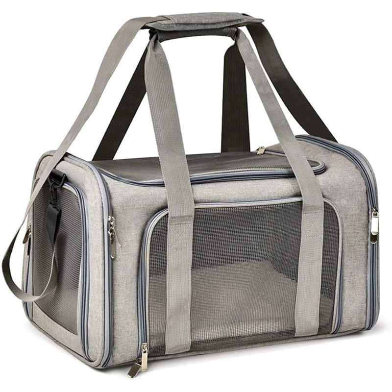 Airline-approved portable cat bag tote with breathable mesh panels, adjustable straps, and foldable design for easy travel and storage.