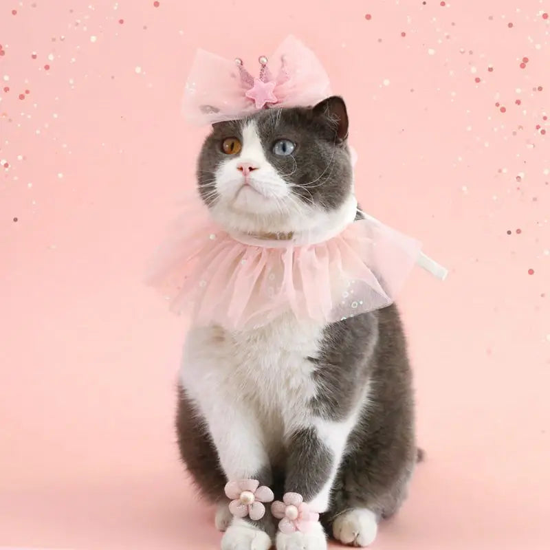 Pet wedding crown with veil, featuring lace, sequins, and pearls – bridal headdress for cats and small dogs