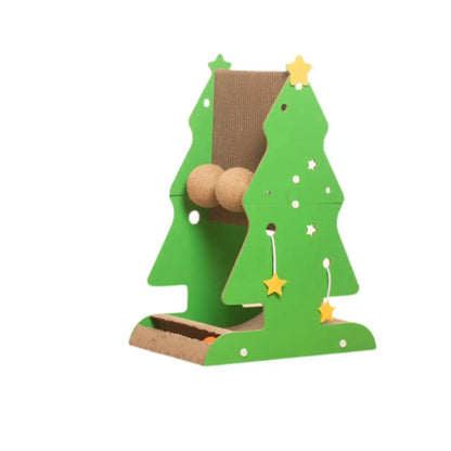 Holiday-themed sisal scratching tree for cats with Christmas design and cardboard toys.