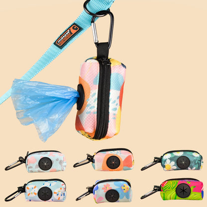 Colorful dog poop bag dispenser with leash clip and stylish print design