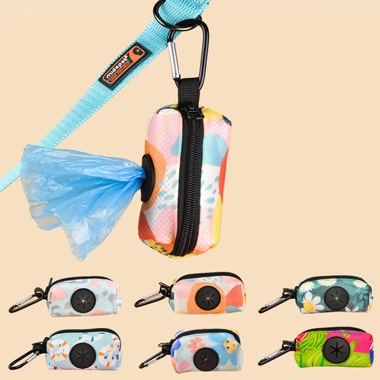 Colorful dog poop bag dispenser with leash clip and stylish print design