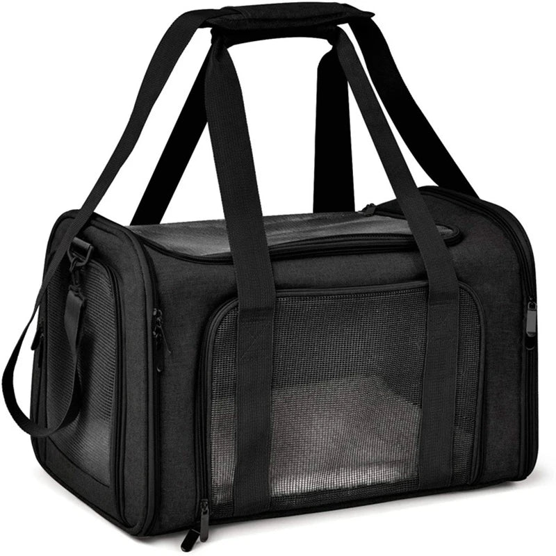 Airline-approved portable cat bag tote with breathable mesh panels, adjustable straps, and foldable design for easy travel and storage.