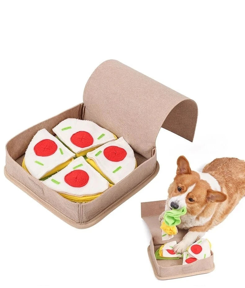 Pizza box-shaped interactive snuffle toy for dogs, perfect for nose work training and slow feeding