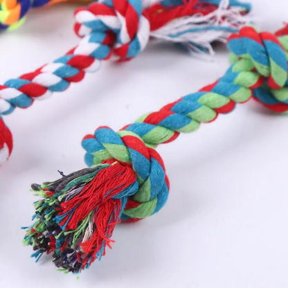 Durable cotton rope dog toy with knot design for small dogs and puppies, promotes dental health and safe chewing.
