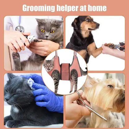 Cat suspended in a grooming hammock while getting its nails trimmed, safe and stress-free grooming tool