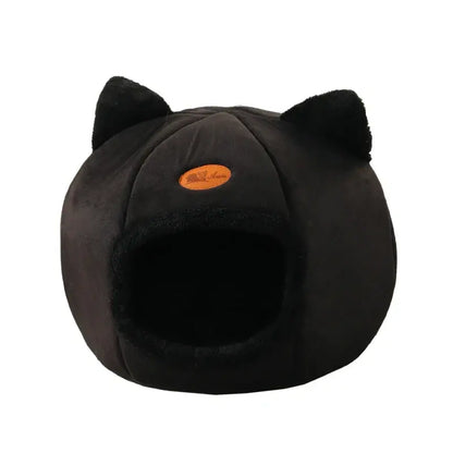 Deep sleep comfort cat bed in cave design, made with soft plush material and non-slip base for warm, cozy winter sleep.