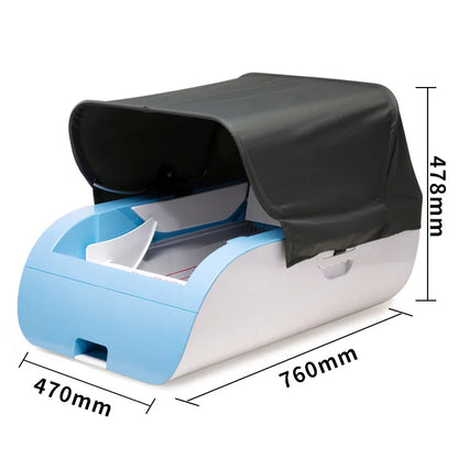 Self-cleaning automatic cat litter box with ionizing deodorizer and anti-pinch safety feature, suitable for indoor and outdoor use.