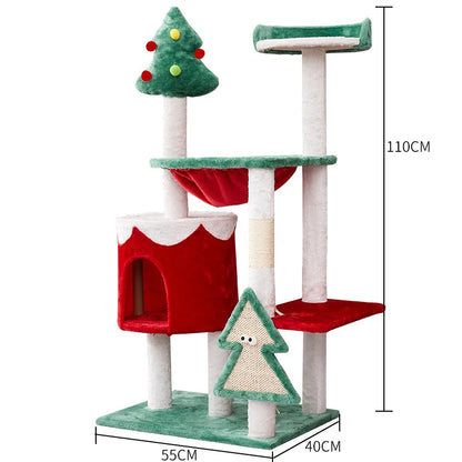 Christmas-themed cat climbing shelf with hammock and scratching post