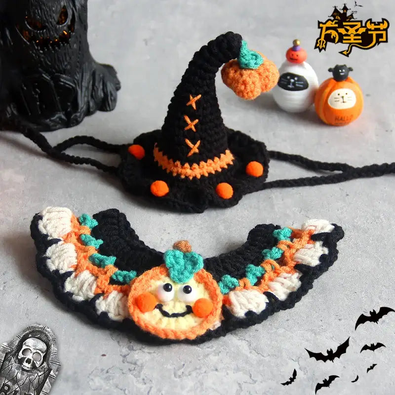 Hand-knit Halloween pet collar bib featuring ghost designs, perfect for dressing up cats and dogs during the spooky season.