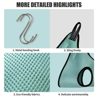 Cat suspended in a grooming hammock while getting its nails trimmed, safe and stress-free grooming tool