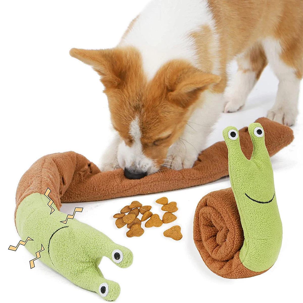 Interactive dog toy with hide food feature and vocalization for slow feeding