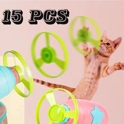 Cat jumping to catch a flying disc launched by interactive cat toy