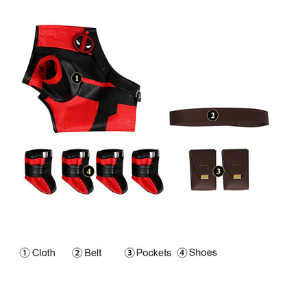 Pet dressed in Hot Movie Deadpool Cosplay Costume, a fun Dogpool outfit for Halloween and parties