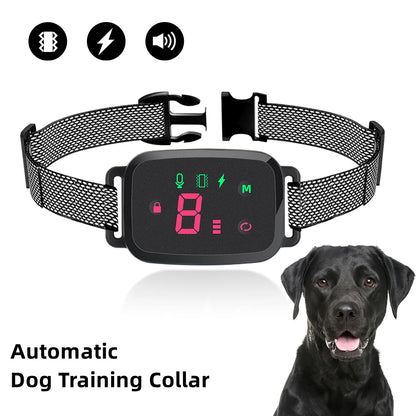 Rechargeable waterproof anti-bark dog collar with sound and vibration correction and HD display for humane training.
