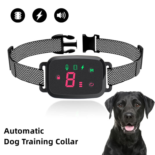 Rechargeable waterproof anti-bark dog collar with sound and vibration correction and HD display for humane training.